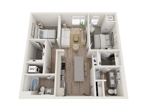 Floor plan for 2 beds, 2 baths, 1031 sqft